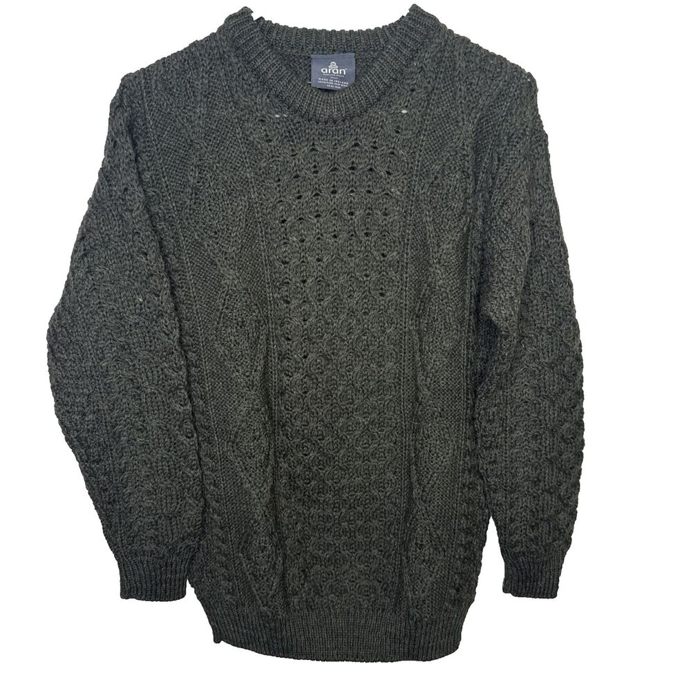 Aran Crafts Ireland Mens Chunky Knit Wool Fisherman Sweater Green M Crew Neck